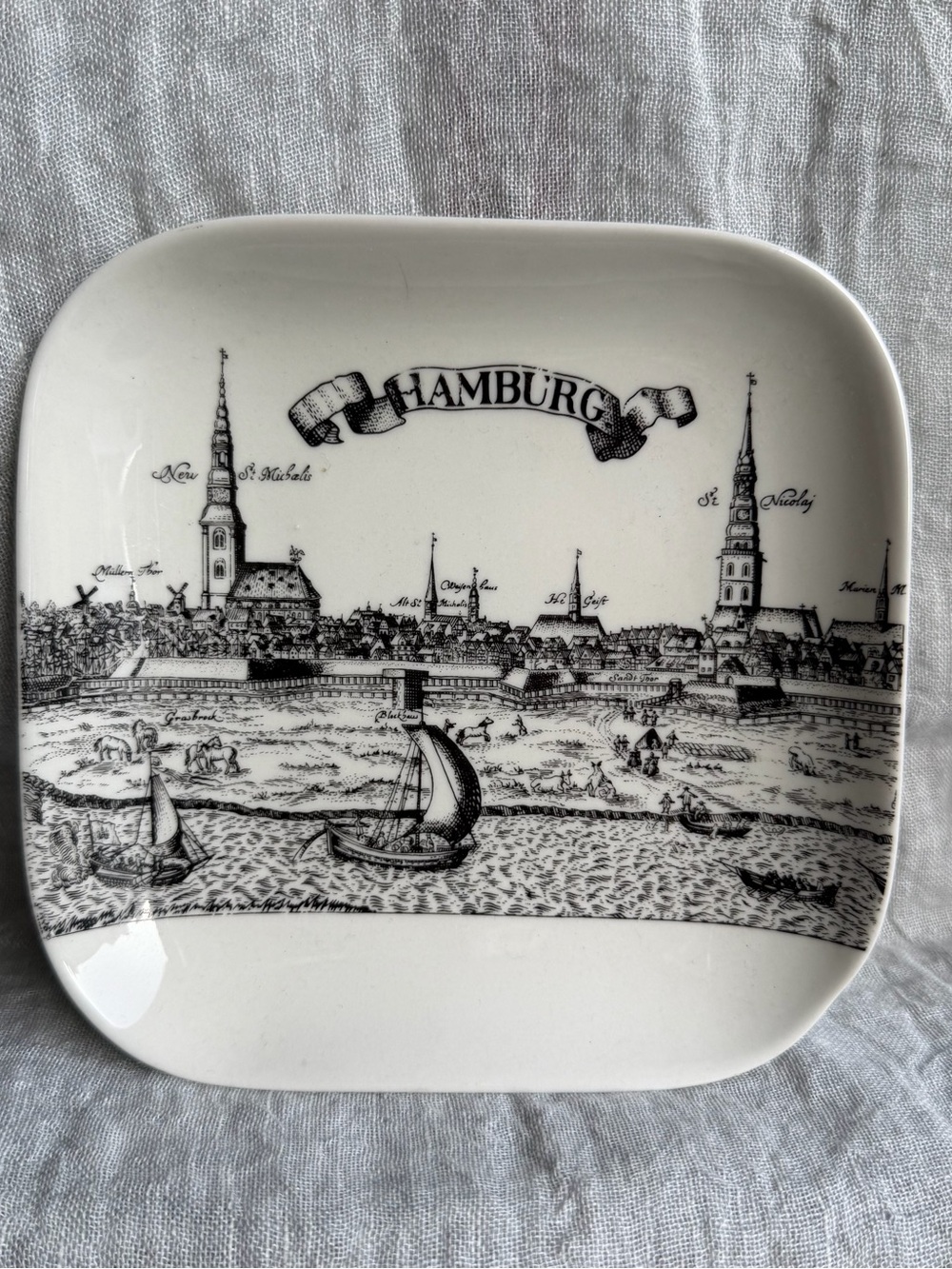 Royal Bavaria Hamburg Scenic Ceramic Plate - White with Black Transfer Design